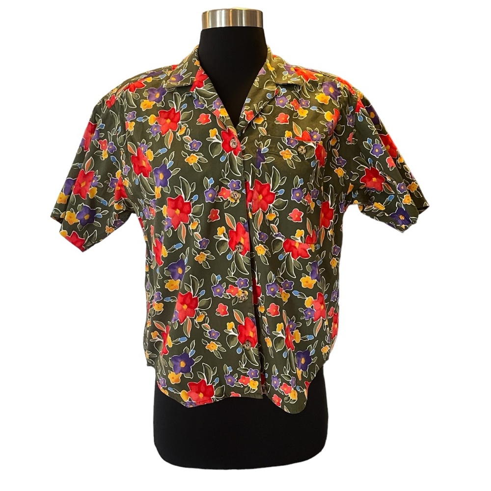 Vintage Lizsport green floral button up short sleeve shirt SP - Picture 2 of 12